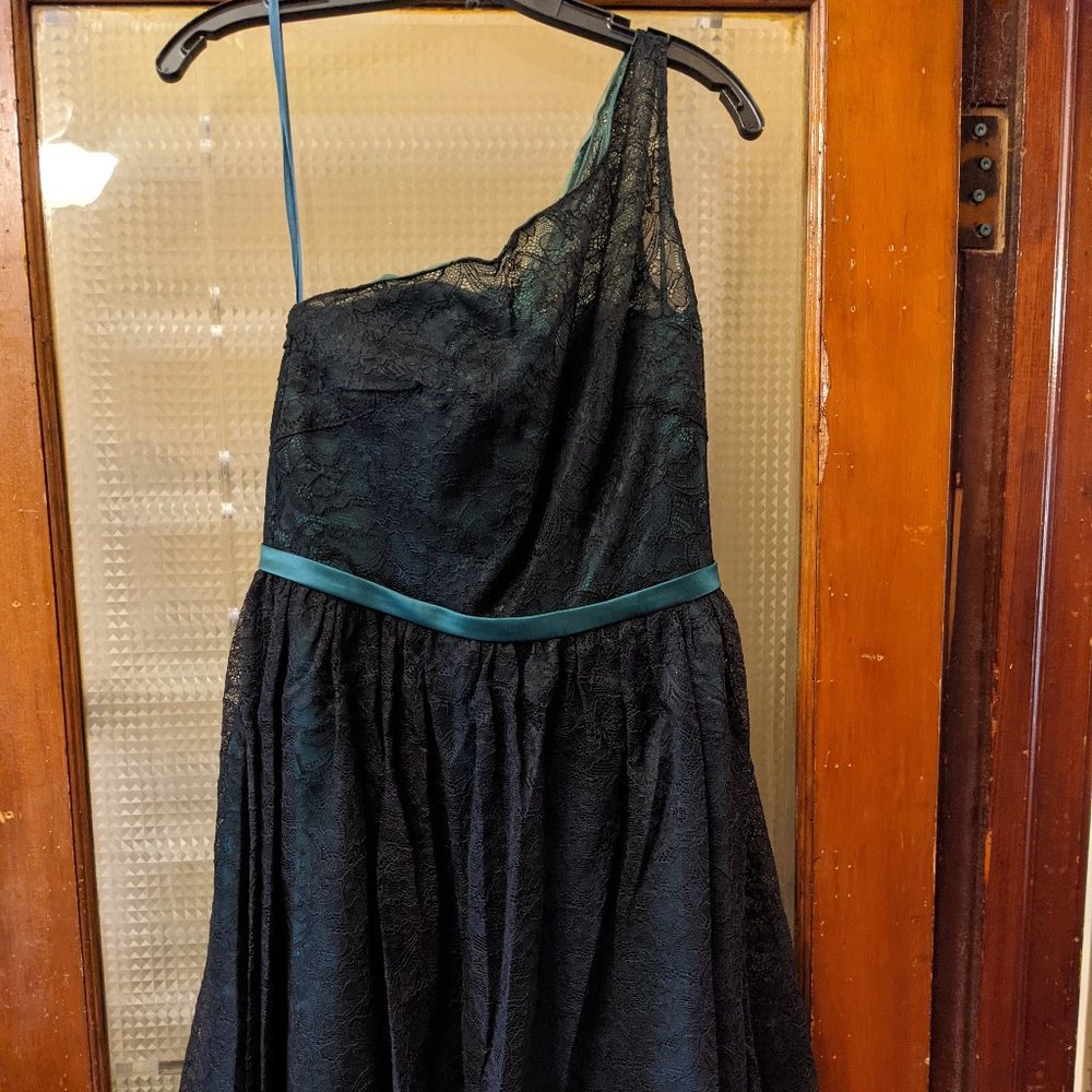 Allure Bridals Bridesmaid Dress, Green with Black Lace Overlay, Size 14